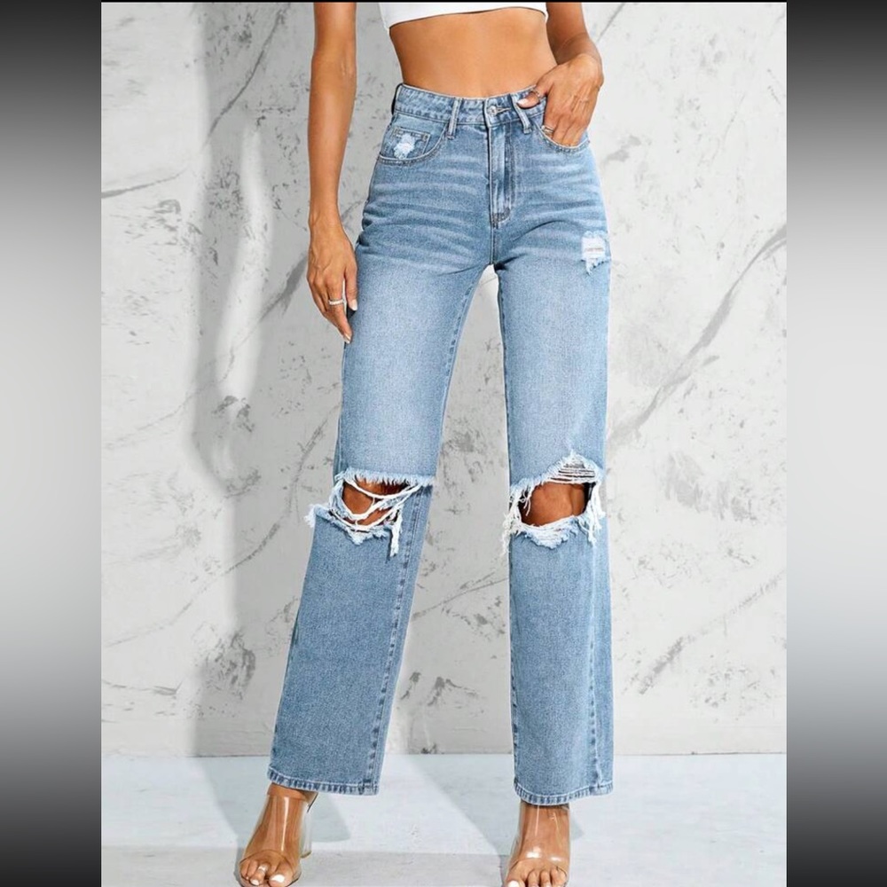 High Waist Rhinestone Detail Jeans